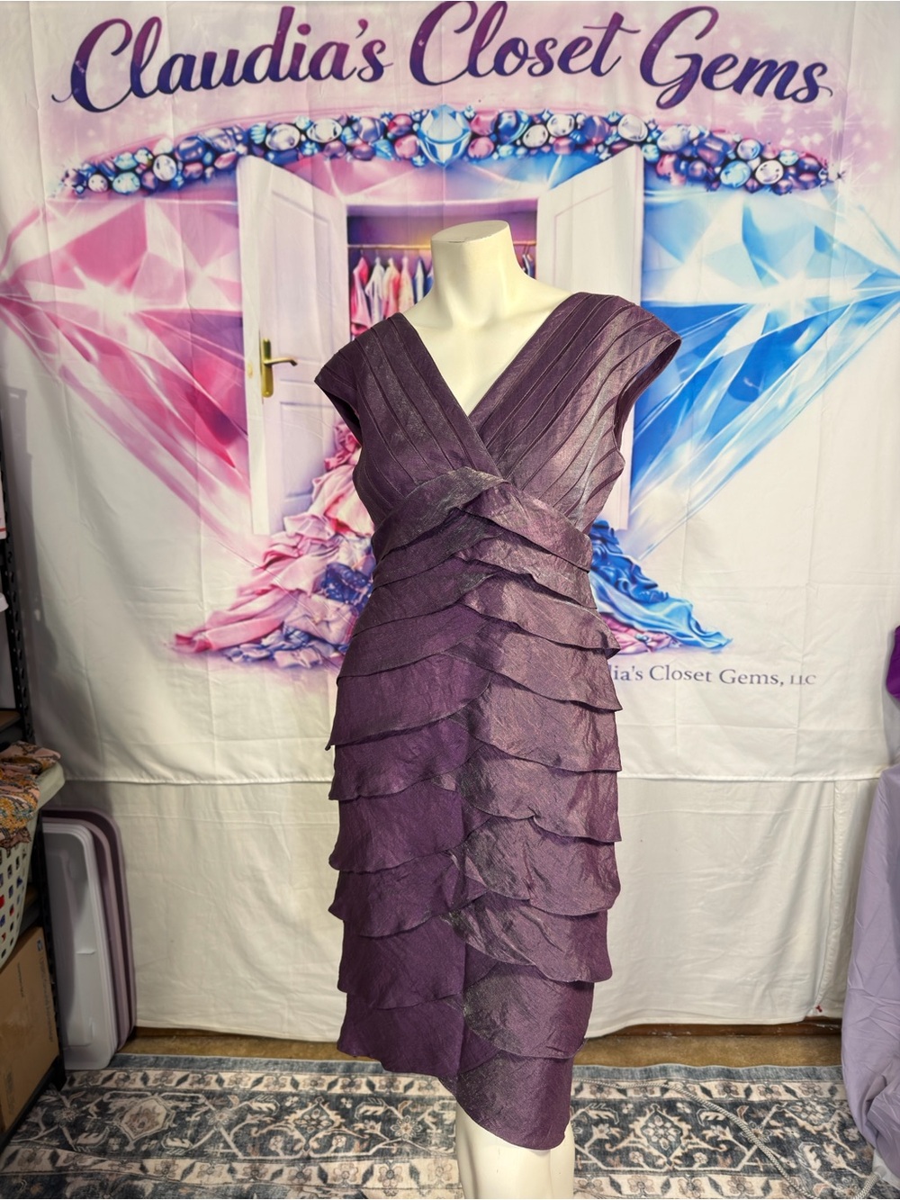 Adrianna Papell Purple Tiered V-Neck Mini Dress